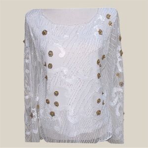 Juliette White & Gold Bead & Sequin Sheer Top Special Occasion Fairycore Elegant
